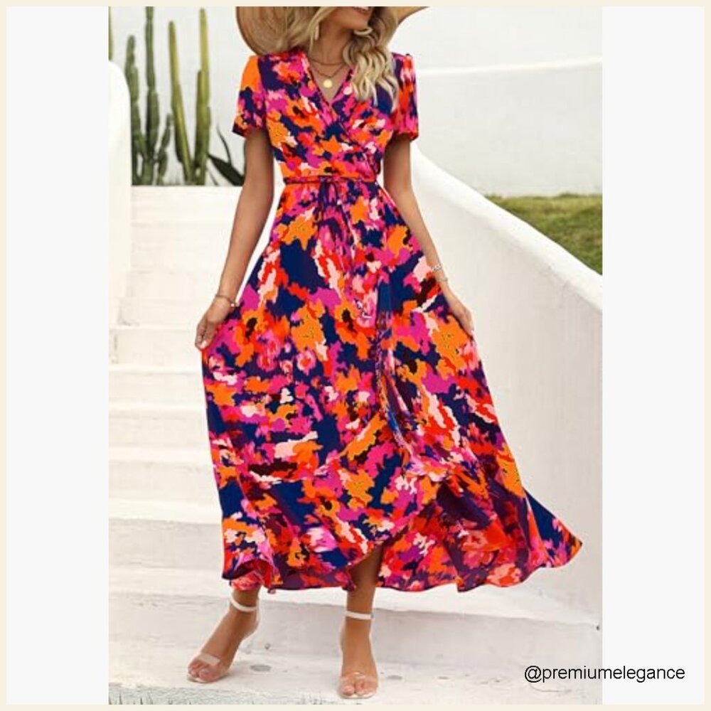 Boho Floral Maxi Dress Wrap V Neck Short Sleeve Summer Beach Wedding Guest - Picture 3 of 7